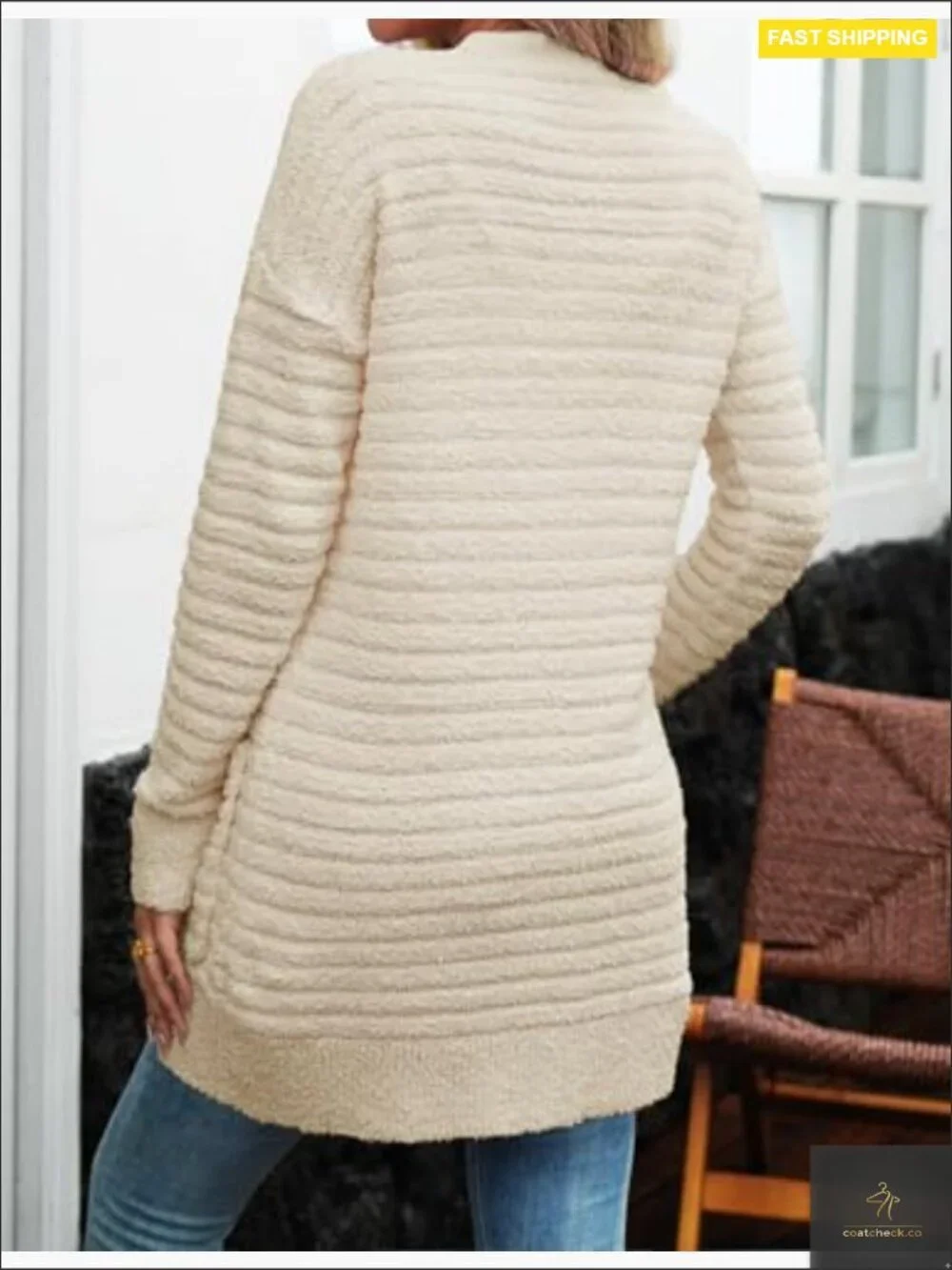 Women Open Front Fuzzy Knit Cardigan with Pockets Long Sleeve Chunky Sweater